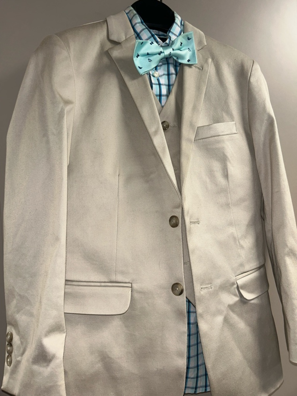 Calvin Klein Cream Kids Suit Jacket with Vest and Blue Plaid Shirt